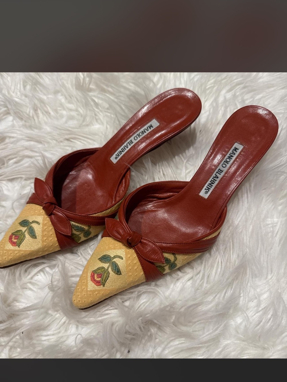 Manolo Blahnik Red & Yellow Floral Embroidered Pointed Toe Mules